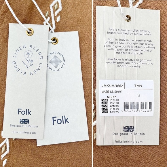 Folk Men's Size Small Maze Short Sleeve Cotton Linen Shirt Button Up Tan New NWT - Picture 4 of 5